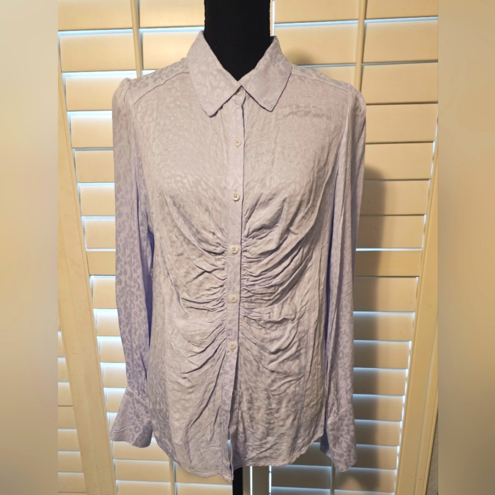 Free People Button Up Leopard Lilac Purple Print Dress Shirt sz M